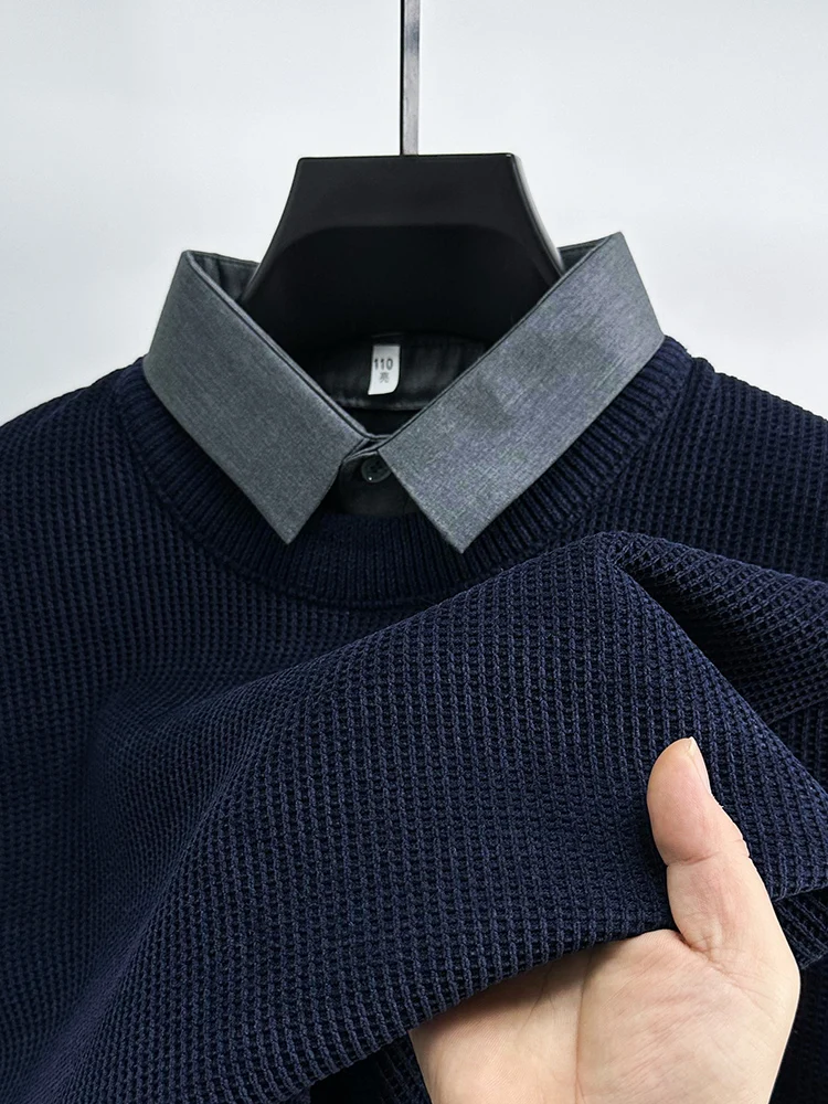 

Thiened Men's Knitted Sweater irt Collar One-Piece Fce Winter Faion Busin Casual Slim Fit Long Sve Crew Ne