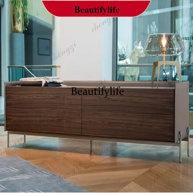 Italian bedside table hotel solid wood dining side model room walnut saddle leather bedside light luxury styleK182