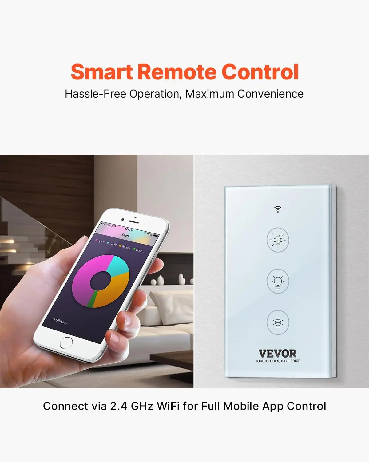 Smart Dimmer Switch, Wi-Fi 2.4GHz, Dimmable Smart Switch with Tempered Glass Touch Panel, 15% to 85% Stepless Dimming