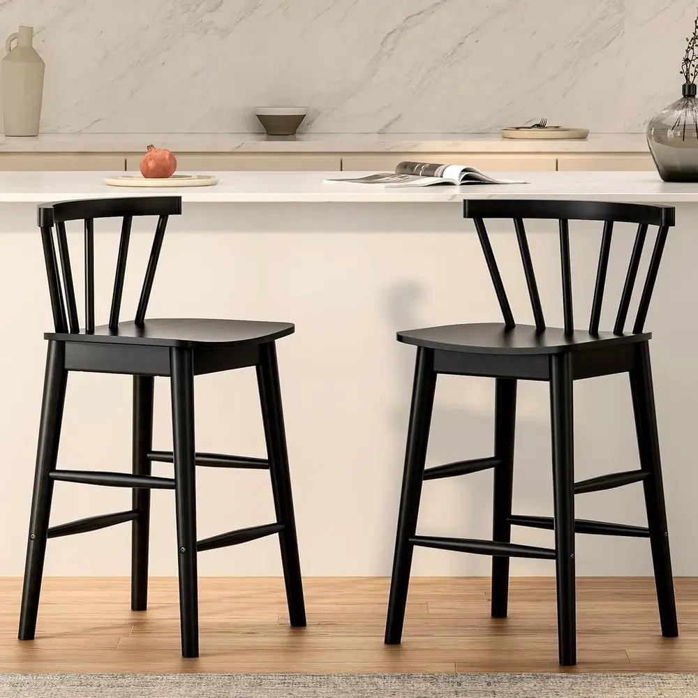 

Set of 2, 24 Counter Height Wood Bar Stools with Backrest and Footrest for Kitchen Island or Pub in Black