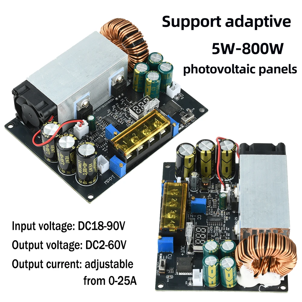 800W 25A Anti-backflow Power Supply Adjustable DC-DC 18-90V to 2-60V Step Down Buck Converter MPPT Solar Charging Controller