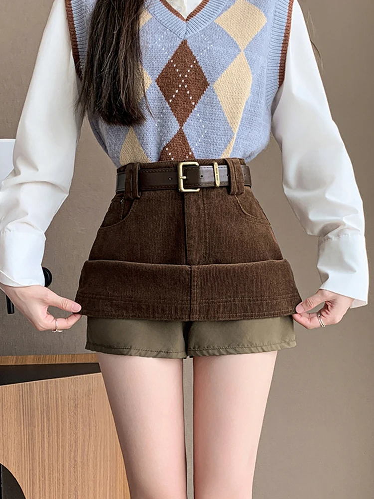 2025 Winter Corduroy Mini Skirt Women Vintage High Waist Wrap A-Line Skirts With Shorts Belt Streetwear Khaki Brown Black Faldas