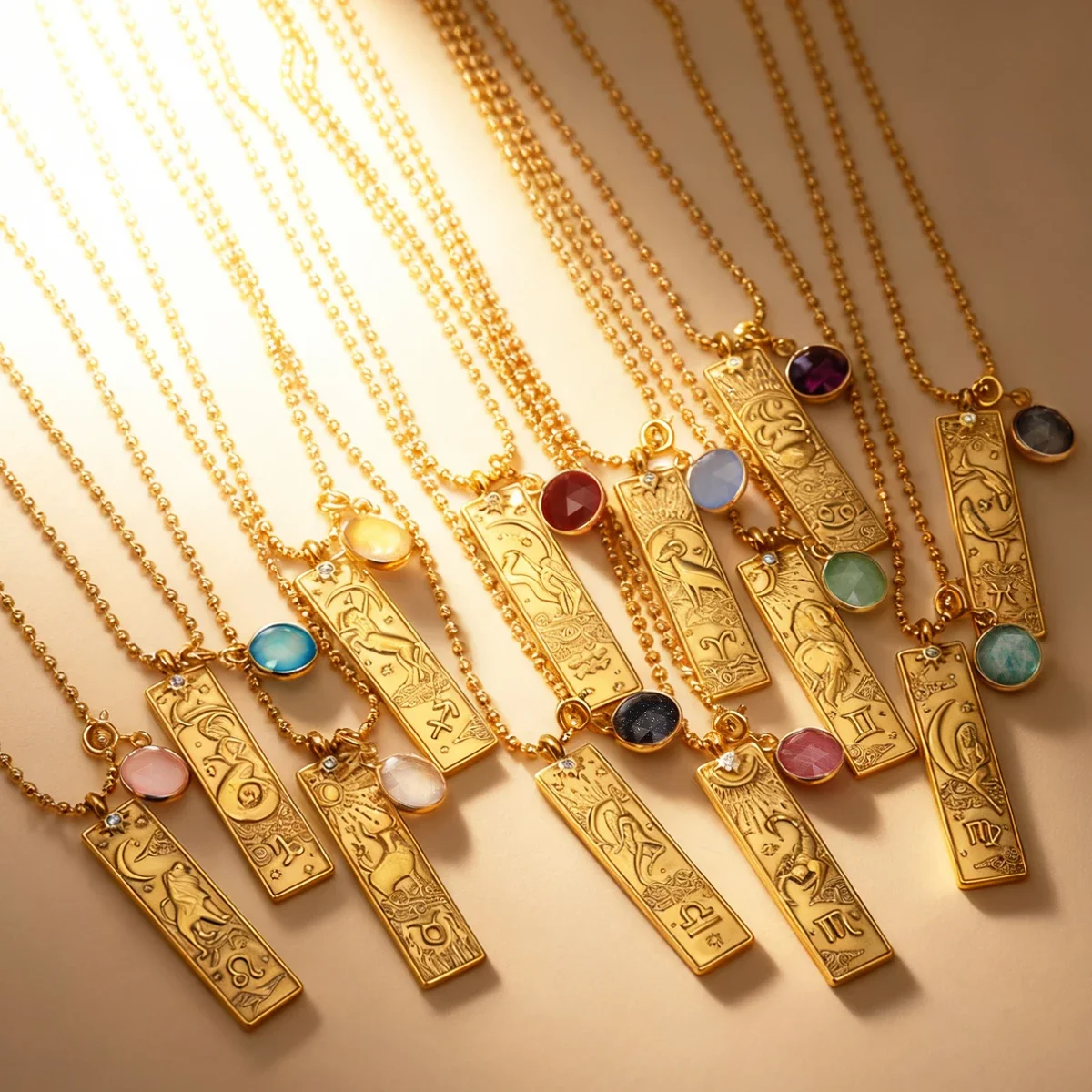 

18K Gold Plated Rectangular 12 Zodiac Signs Pendant Necklace with Natural Birthstones Stainless Steel Jewelry for Men and Women