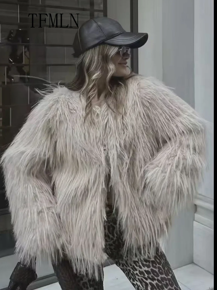 

Fashion Solid Faux Fur Coat Women Luxury Chic O-neck Long Sleeve Cardigan Jacket Lady Warm High Street Outerwear 2025 Winter