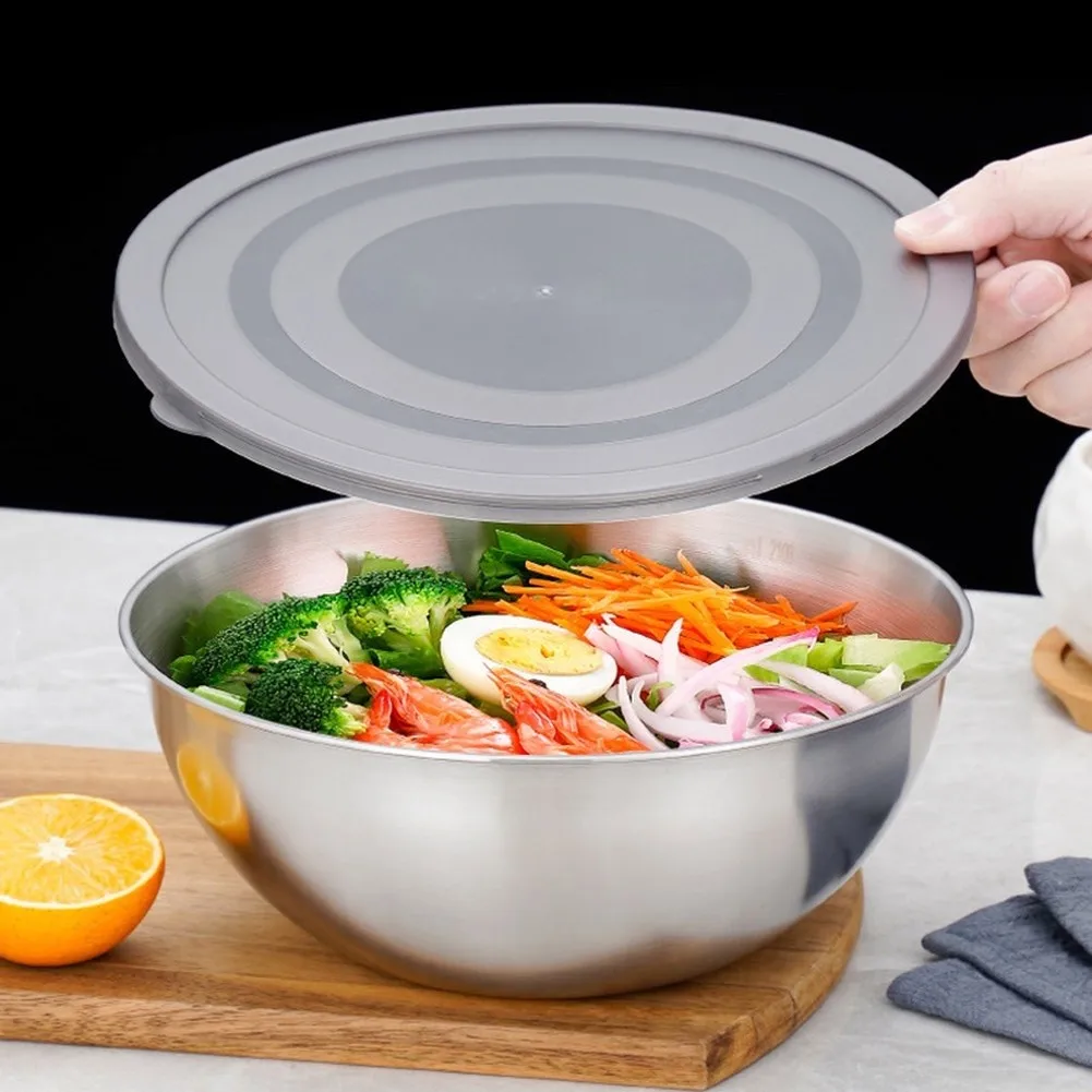 3-Piece Stainless Steel Salad Bowl Set With Lids, Stackable Mixing Bowls For Kitchen Food Prep And Serving, Kitchen Tableware