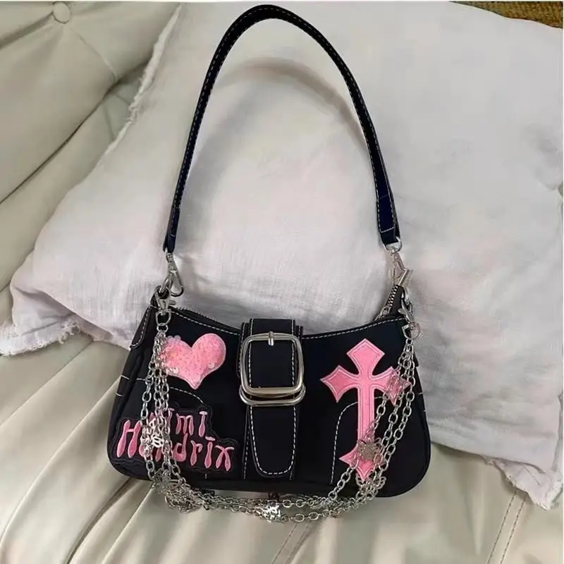 Y2k-Bolso de hombro pequeño para mujer, bandolera con cadena de mariposa, con letras de amor, a la moda