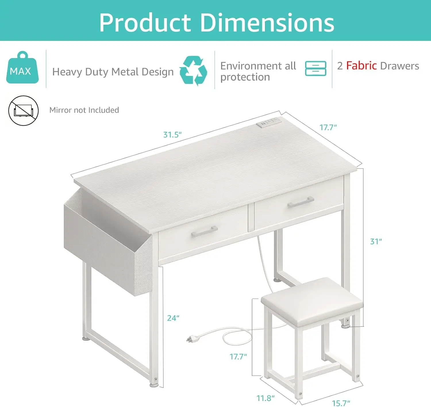 White Makeup Vanity Desk with Chair no Mirror, Small Vanity Table with Fabric Drawers, Power Outlet & Stool Without Mirror