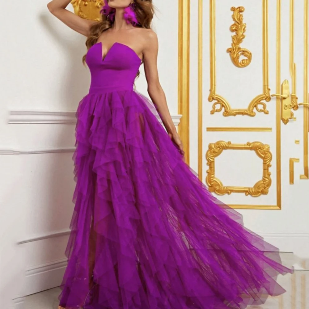 

Romantic Prom Dress Strapless Split Tulle For Women Evening Gowns A Line Floor Length Backless Party Dresses robes de soirée