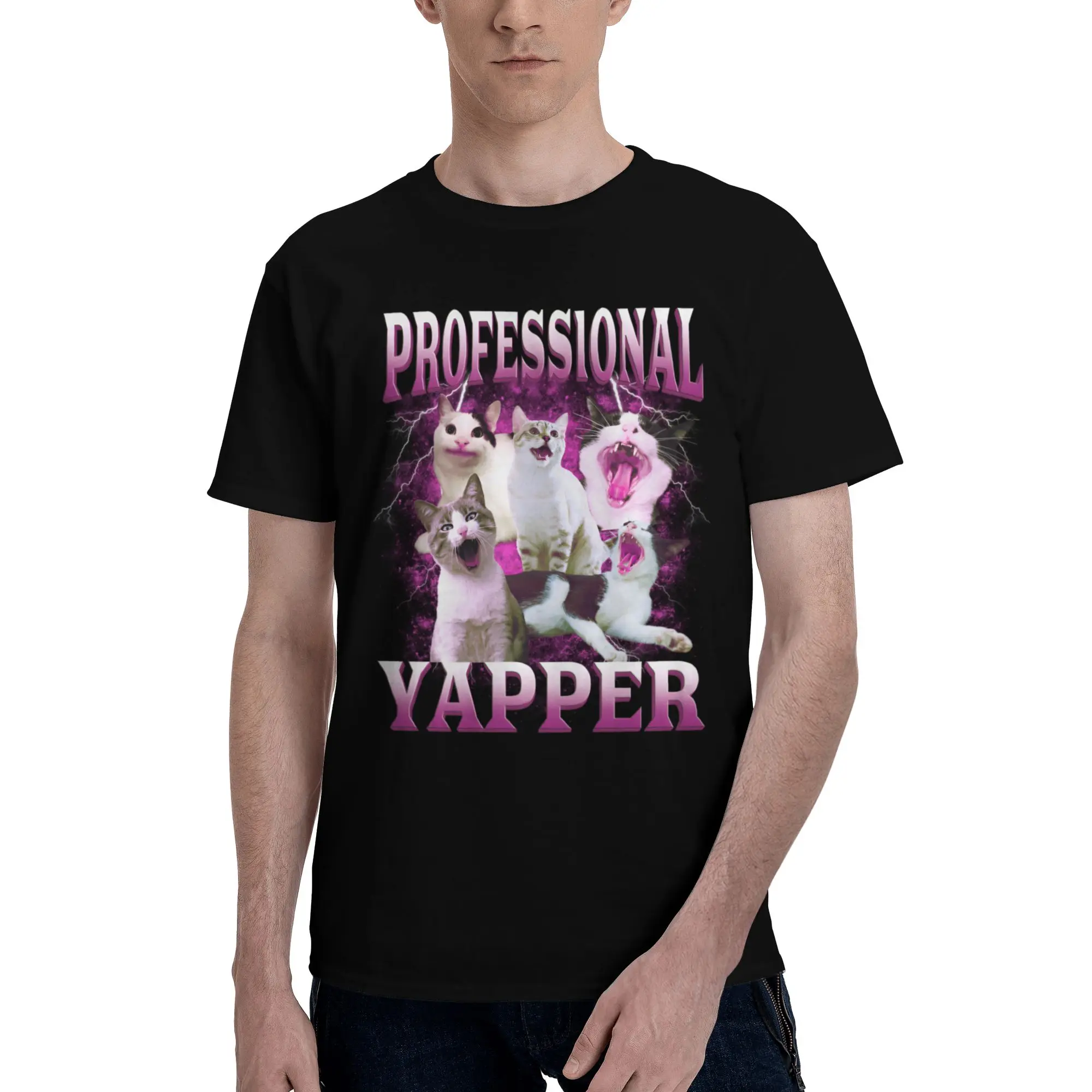 

Professional Yapper Cat Meme T Shirt for Men 100% Cotton T-shirts Humor Streetwaer Short Sleeve Tee Shirt Slim Fit Clothing