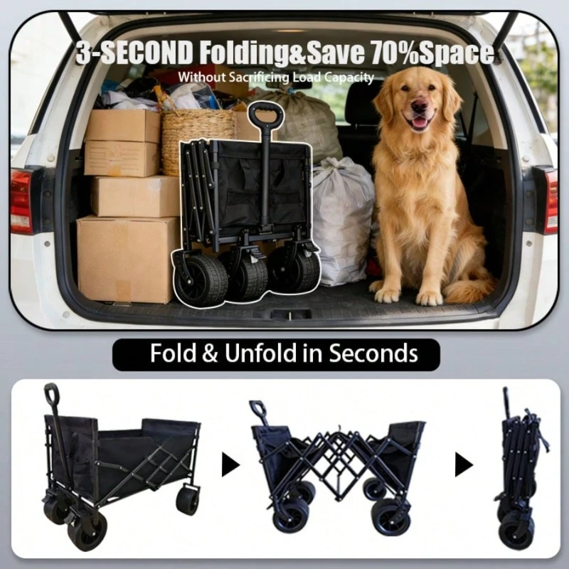 Adjustable Frame Collapsible Utility Wagon Cart, Large Capacity 980L Total Volume Heavy Duty Foldable Beach Wagon With 580L Extra Internal Storage Space, Portable Fold Grocery Shopping Trolley, All Terrain Wheel Outdoor Hand Cart For Beach Camping Pi