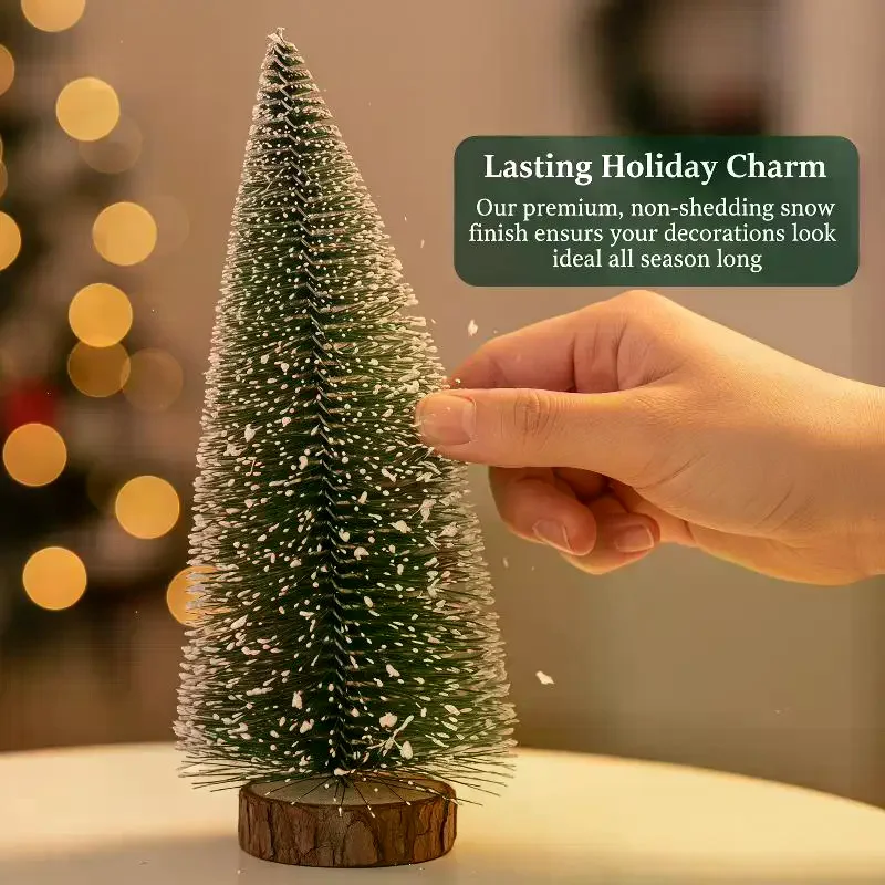 Mini Artificial Snow Frosted Christmas Trees With Wooden Bases Assorted Heights For Tabletop Holiday Home Office Party Decor