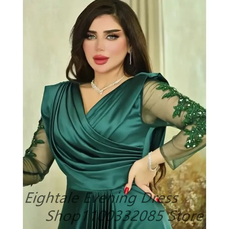 Eightale 2023 Dubai Satin A Line Evening Dress V Neck Long Sleeve kaftan Floor Length Beaded Prom Dress Dubai Party Customized