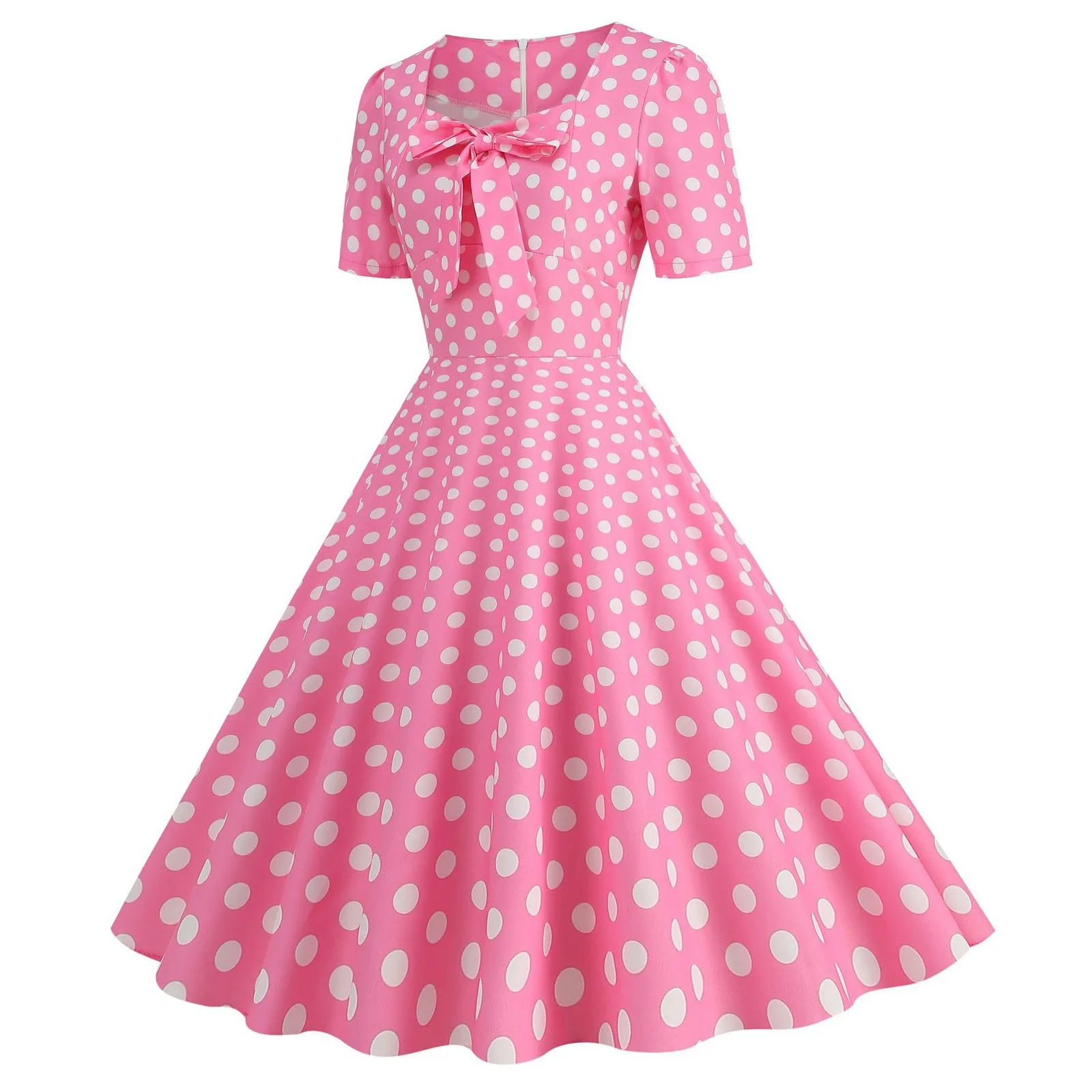 Polka Dot Vintage Dress Women Elegant Short Sleeve Square Collar A-Line Midi Party Dresses 50s 60s Vestidos Big Swing Dress