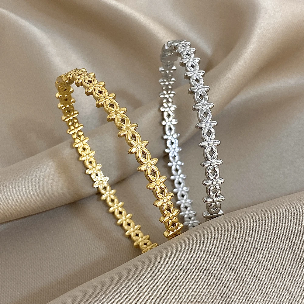 

Elegant Stainless Steel Flower Bangle Bracelet for Women Fashion Waterproof Gold Color Spring Opening Bangle Female Jewelry Gift