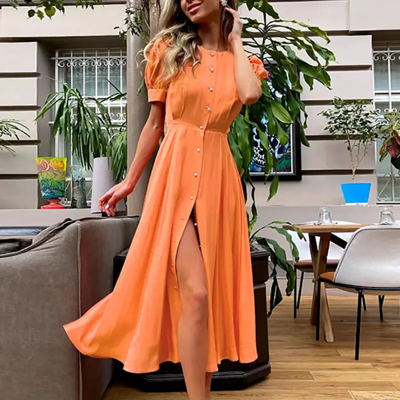 Classic Solid Split Sexy Dresses for Women 2023 Summer Elegant Lantern Sleeve O-Neck فساتين طويلة Women's Button Shirt Dress 원피스