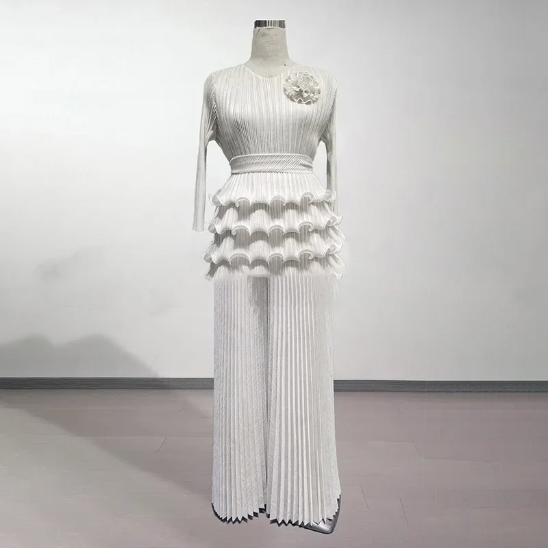 KAF 2025 primavera nuevo traje de mujer Color sólido cuello pico manga larga empalme Top cintura alta Casual pantalones de pierna ancha sueltos