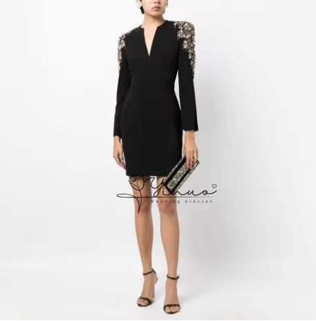 

customized Black Cocktail Dresses Luxury Crystal Long Sleeves V Neck Short Cocktail Gowns Column/Sheath Women's Evening Party Dr