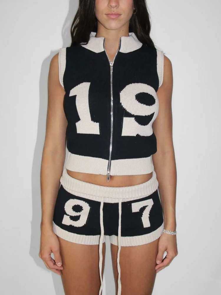 Y2K retro street style women's two-piece knitted star printed zipper vest with drawstring casual shorts set
