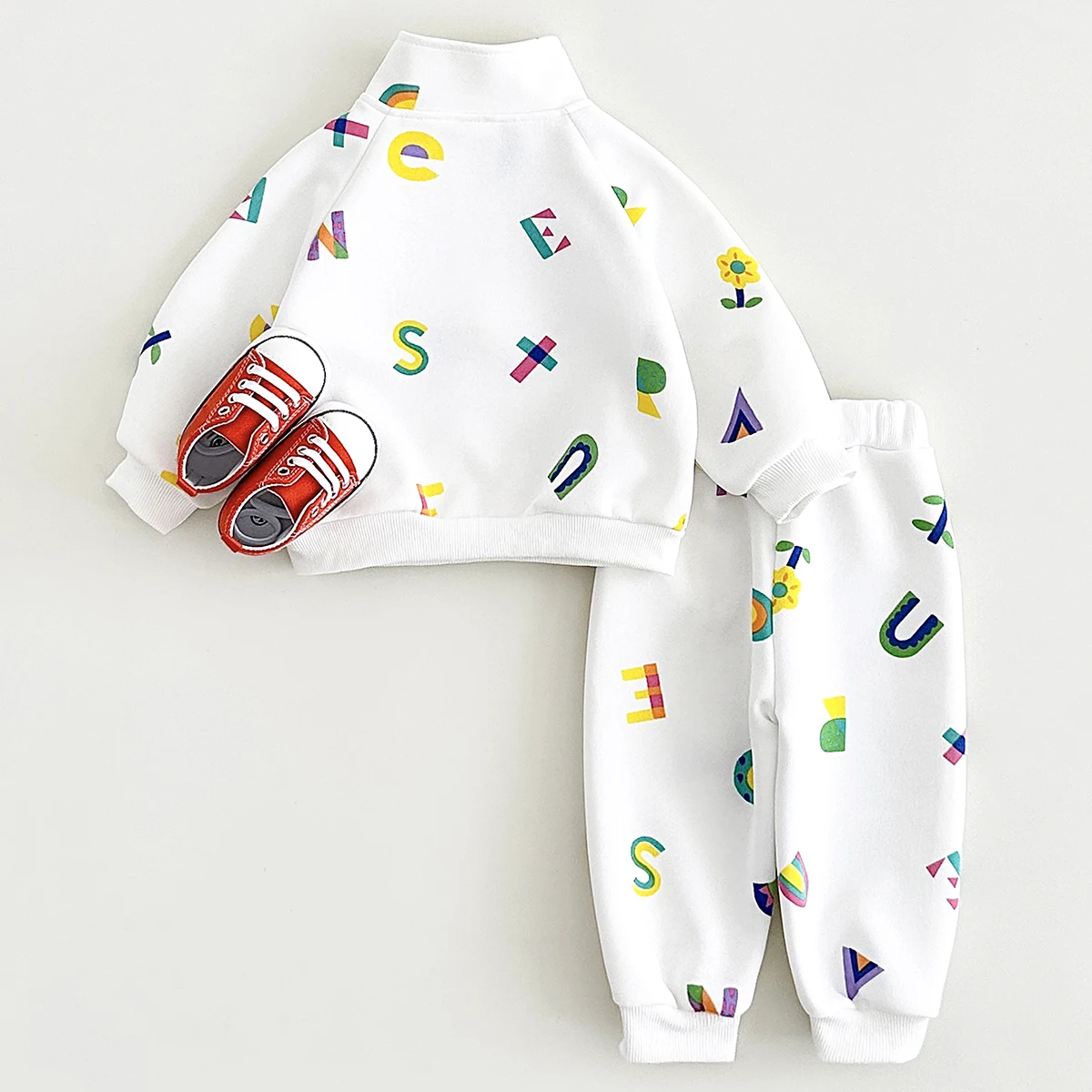 Baby Boys Clothes Sets Fall Fleece Warm Zipper Sweatshirt Color Print Letters Thick Pants Winter Newborn Girls Infant Suits