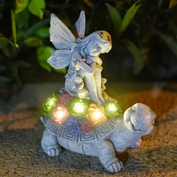 Solar Turtle Statue with Solar Light Flower Fairy Angel Lawn Decor Garden Resin Ornament Outdoor Statue Succulent Gifts for Mom