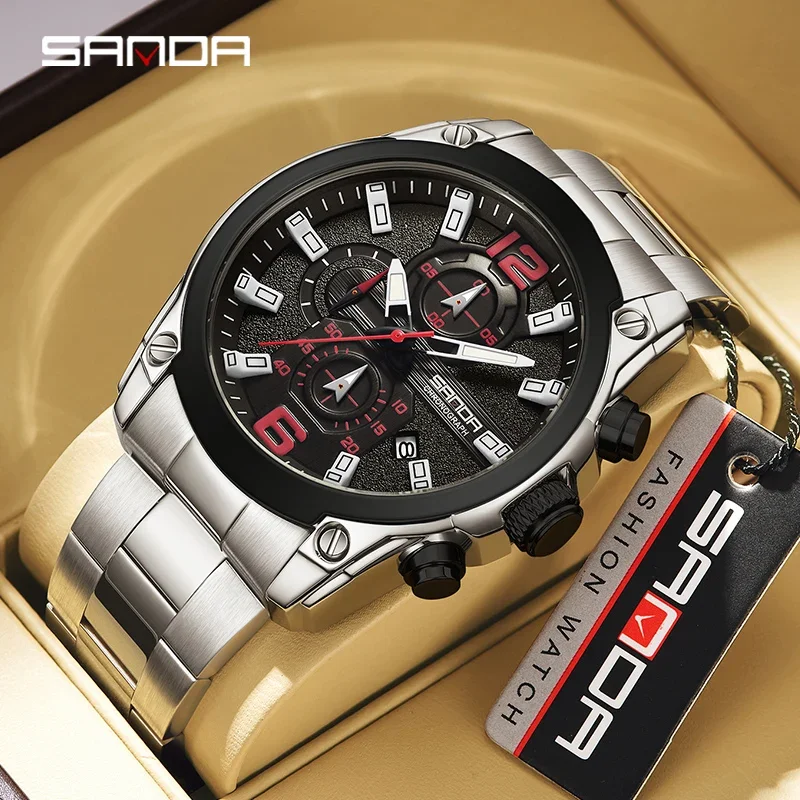 

SANDA 5305 New Fashionable Men's Watch Top Luxury Trendy Time Code Watch Car Date Waterproof Sports Men's Watch