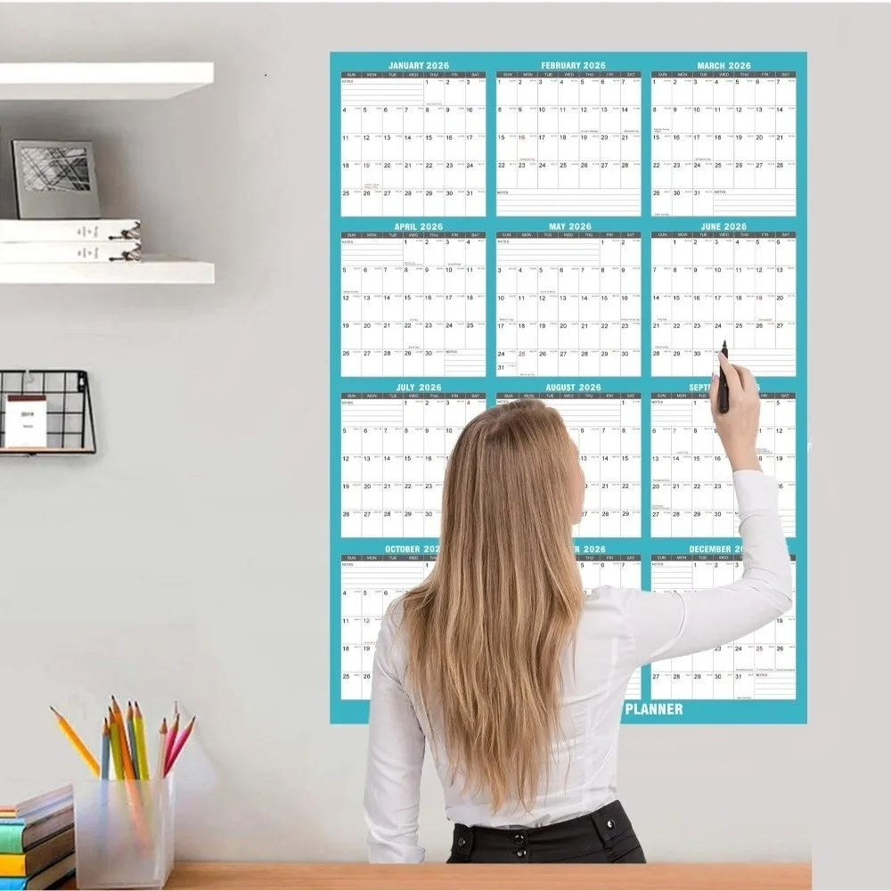 Calendário de parede reutilizável de 12 meses, montagem na parede 32x48 em grande calendário laminado com adesivos, canetas, calendário apagável a seco, uso em escritório