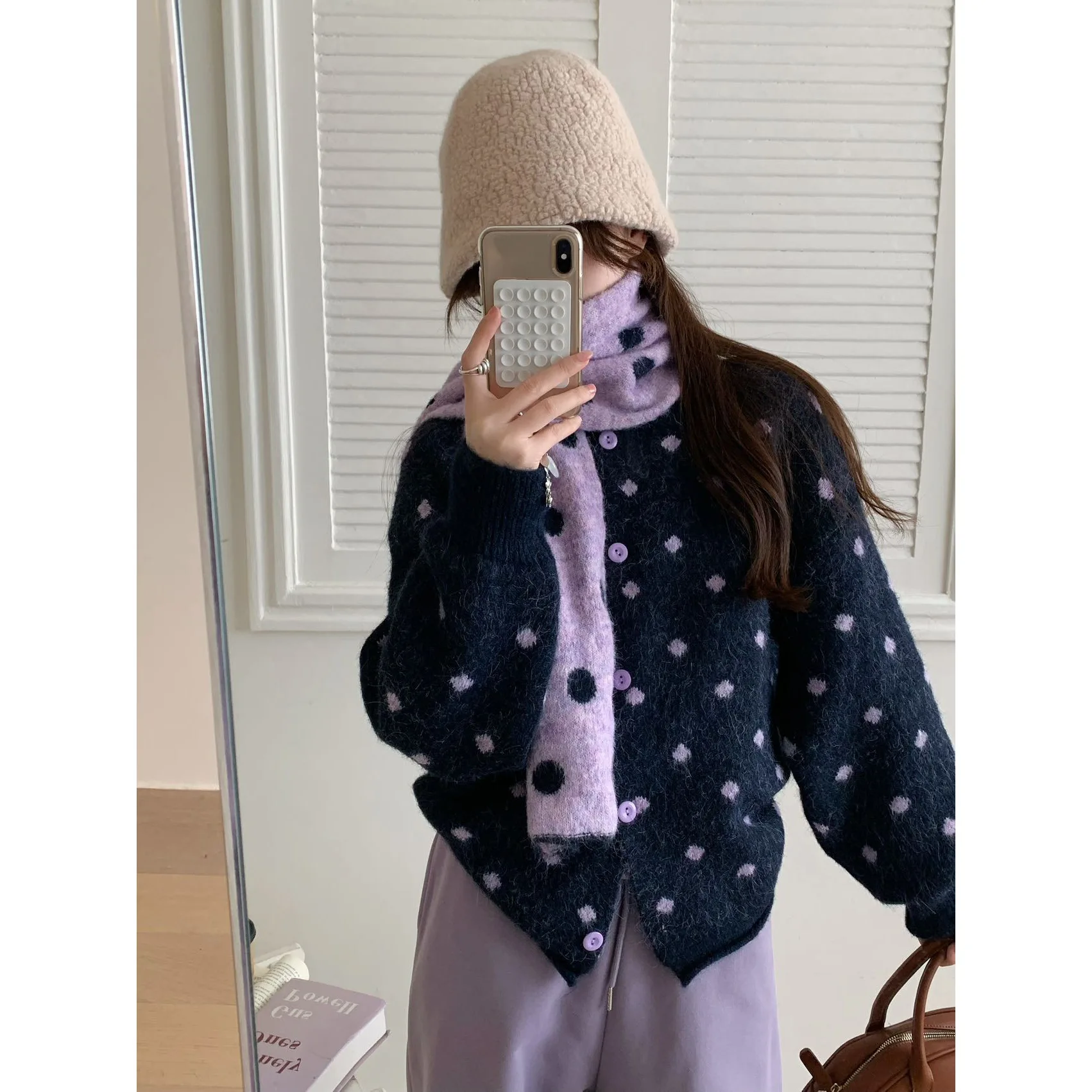 الكورية نمط البولكا نقطة متماسكة سترة وشاح المألوف تنوعا عادية لينة المرأة الخريف الشتاء جديد فضفاض سترة سترة #2