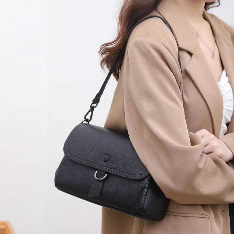 Women\'s Cow Leather Square Handbag Solid Versatile Head Layer Cowhide Multi Compartment Single Shoulder Bag Luxury Underarm Bag