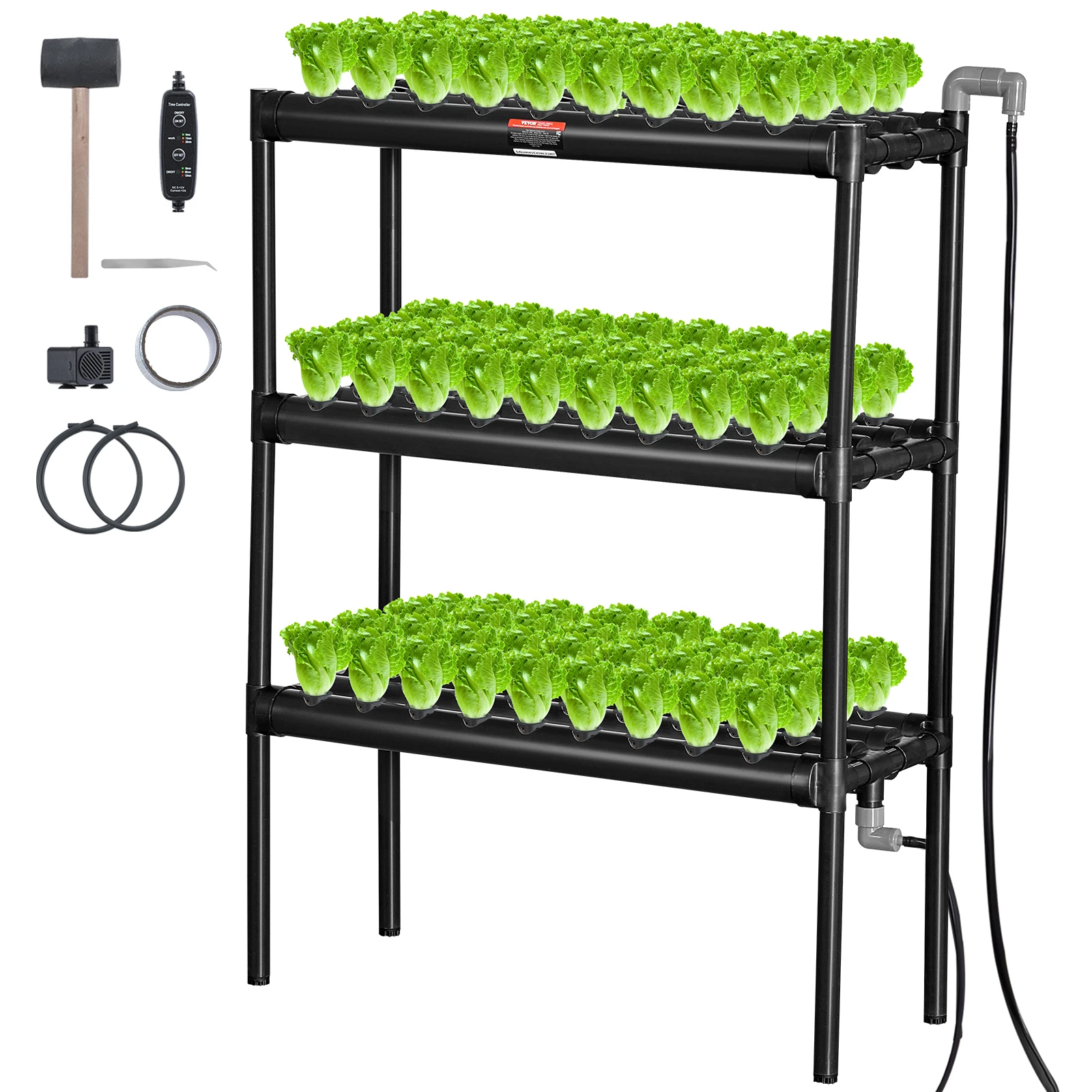 VEVOR Hydroponics Growing System 108 Sites 3 Layers Dark Grey PVC Pipes Hydroponic Grow Kit with Water Timer Baskets and Sponges