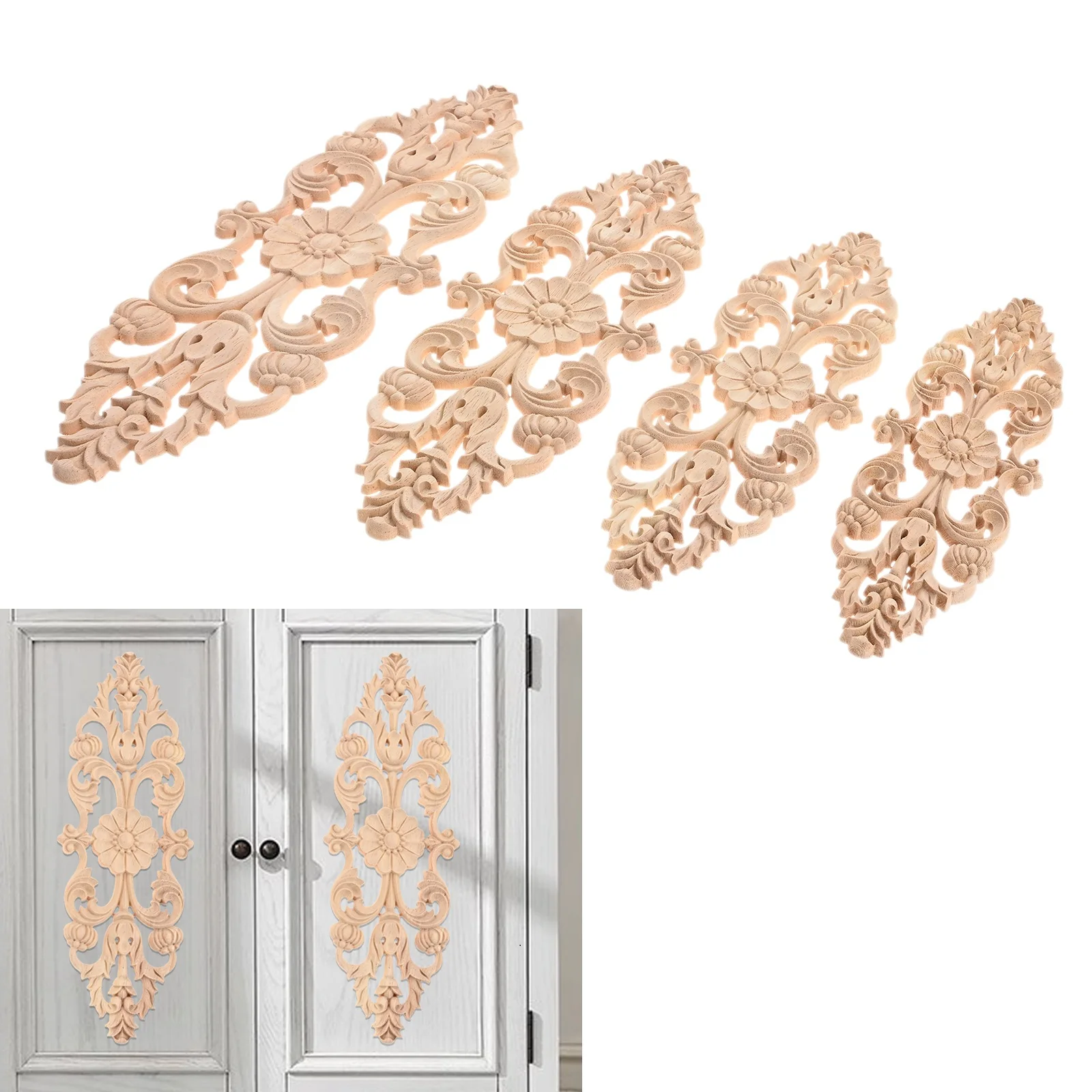 1pc Hollow Flower European Style Woodcarving Decals Unpainted Wood Corner Patch Onlay Decor 25/28/32/38cm Long Cabinet Door Bed