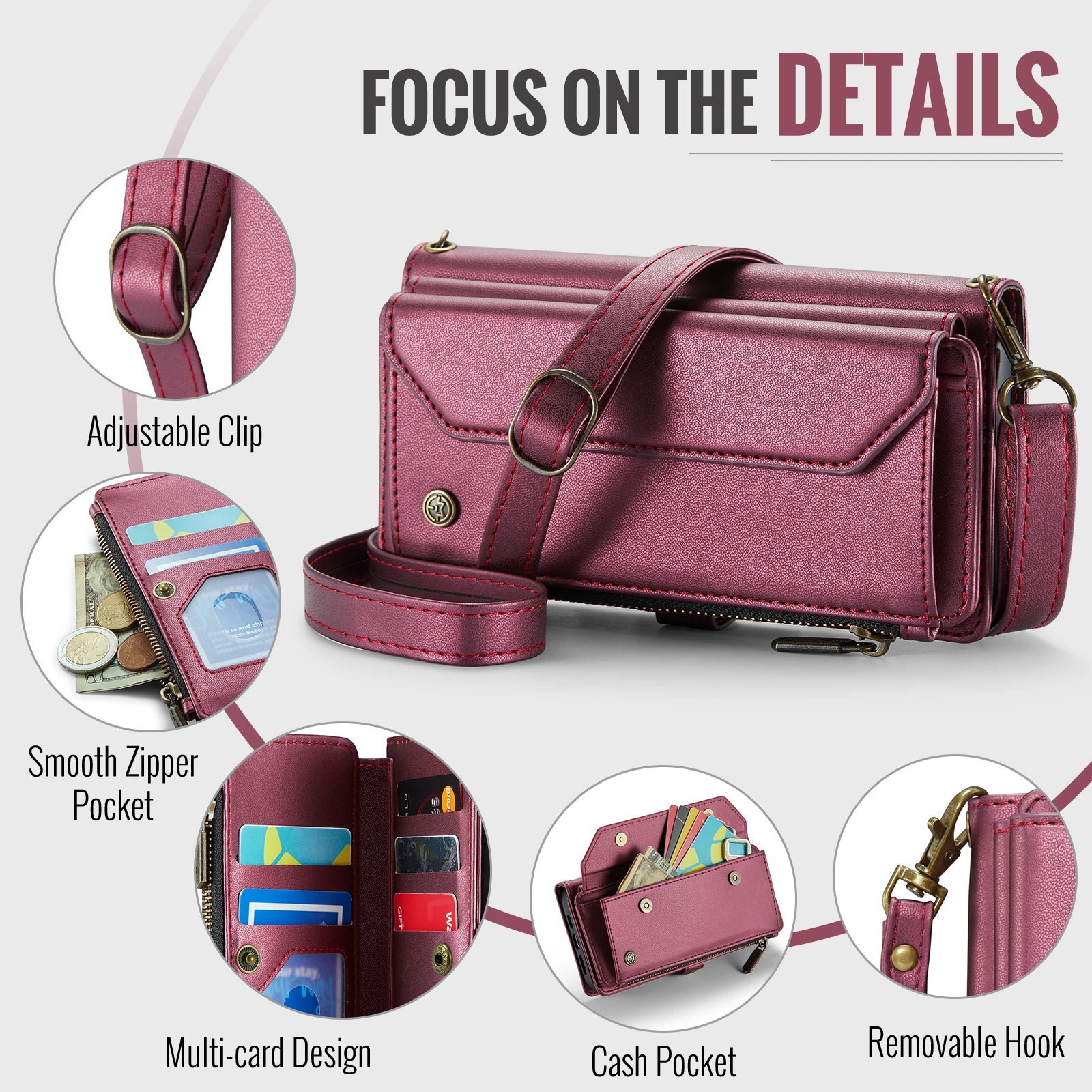 CaseMe Leather Card Holder Wallet,Crossbody Mobile Cover,Suitable for iPhone 15,14,13,12,11Pro,XS Max,6,7, 8Plus, 16 Pro Max