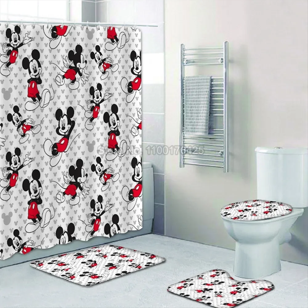 Mickey Mouse Waterproof Shower Curtain Set Toilet Cover Mat Nonslip Bath Rugs Bathroom Valentine\'s Day Christmas Decor