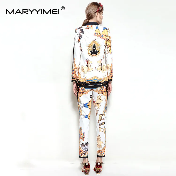 MARYYIMEI Autumn designer Women\'s Suit Long sleeved suit jacket+trousers Baroque vintage print Two-piece set