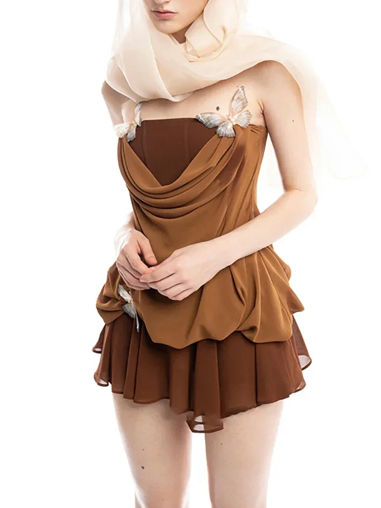 

Sexy Strapless Color Block Folds Butterfly Patchwork Mini Dress Women Brown Sleeveless Backless Slim Dresses Evening Party Gowns