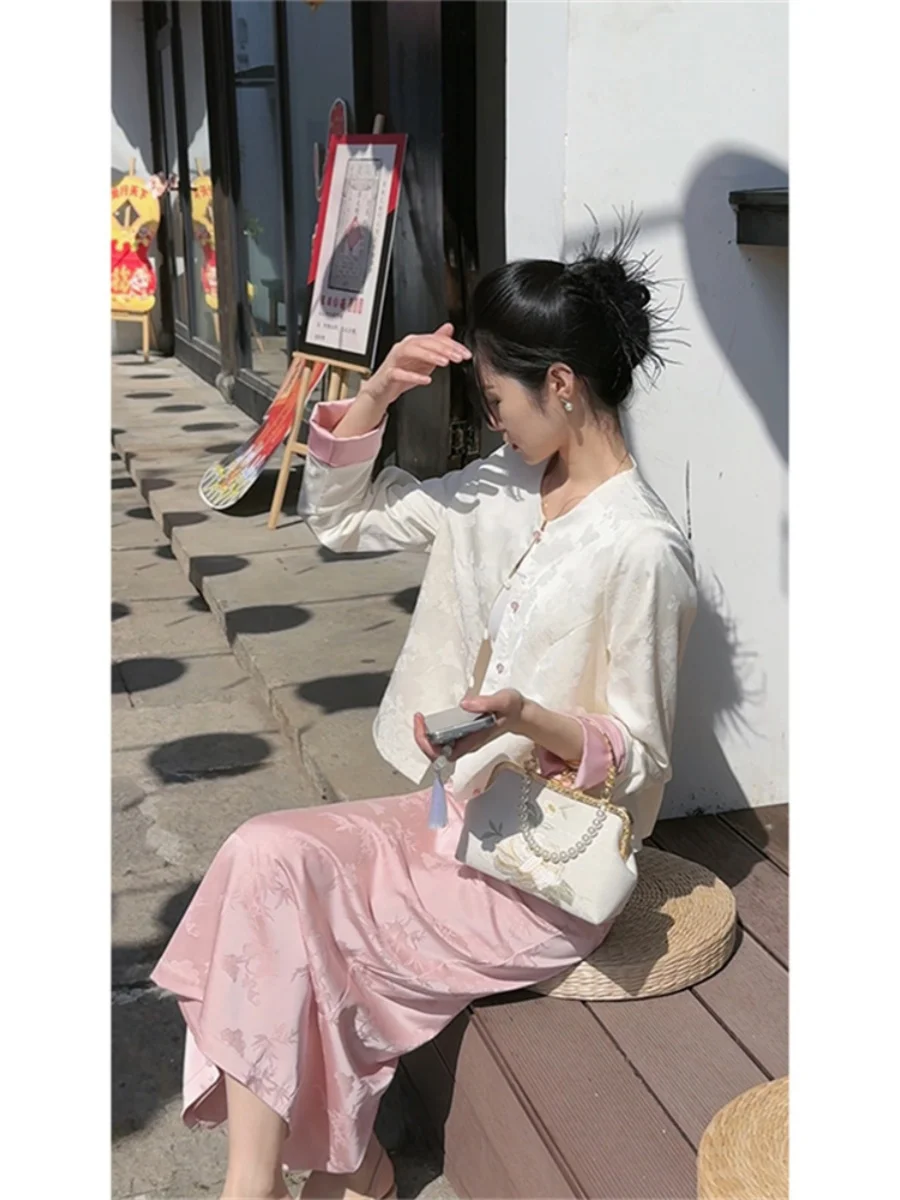 

Ele Traditional Chinese Sle Women's Outfit Long Sve round Ne Two-Piece Set High Waist Pants Casual Wear Spring Fas...