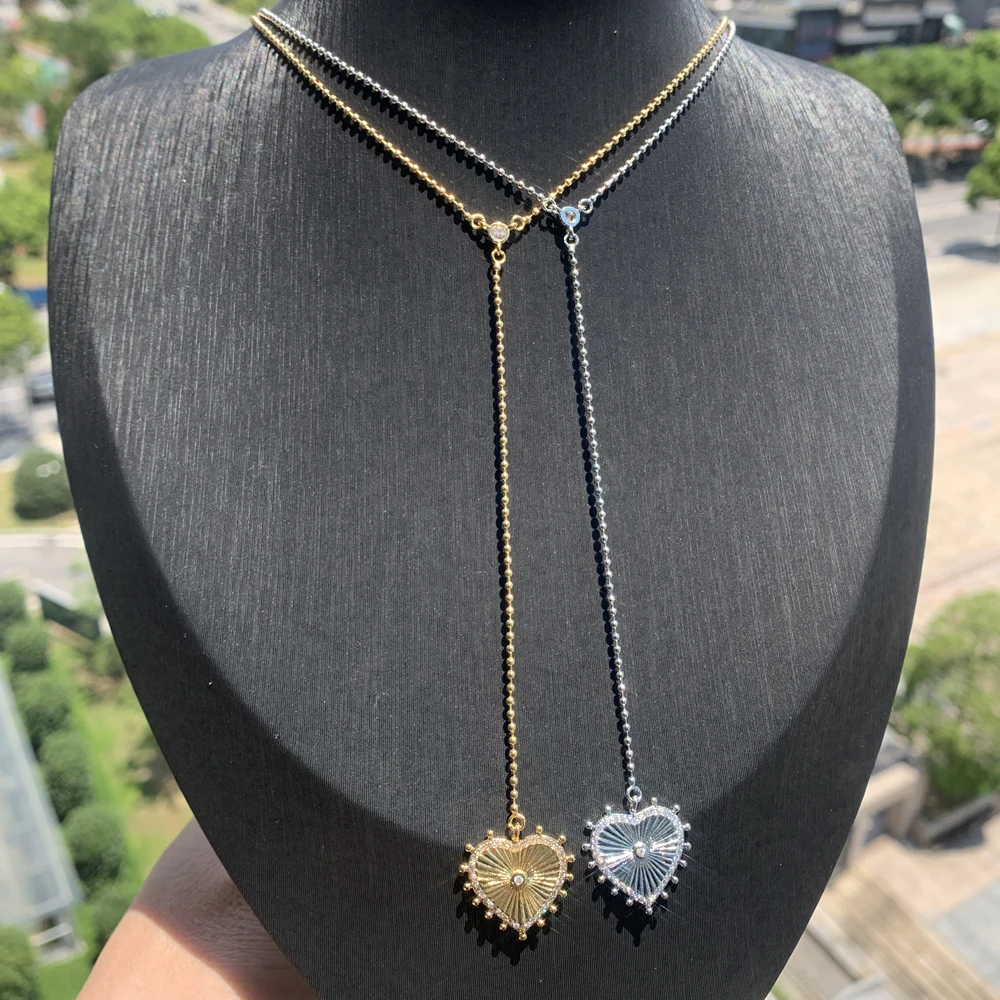 Heart Pendant Fashion Necklace Wholesale High Quality Beaded Chain Sparking CZ Long Sexy Y Larait Women Jewelry