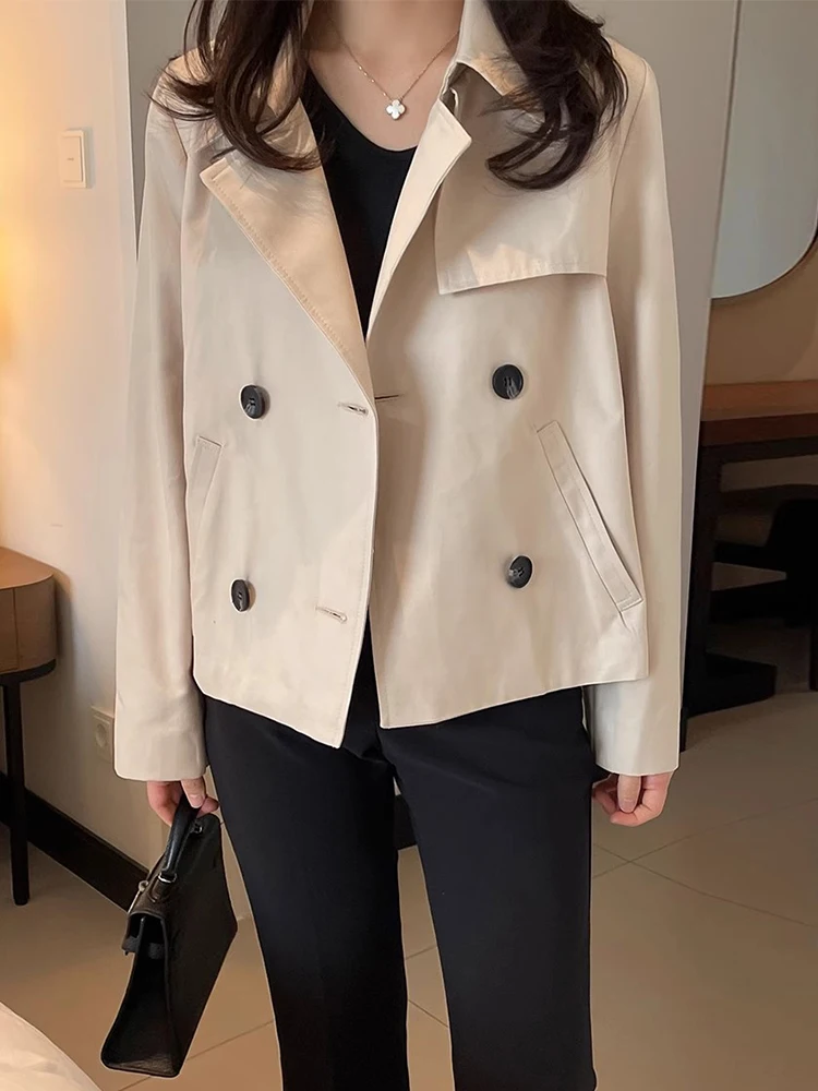 Clothland Women Elegant Solid Basic Trench Coat Double Breasted Long Sleeve Jacket Female Outwear Coats Mujer CB084