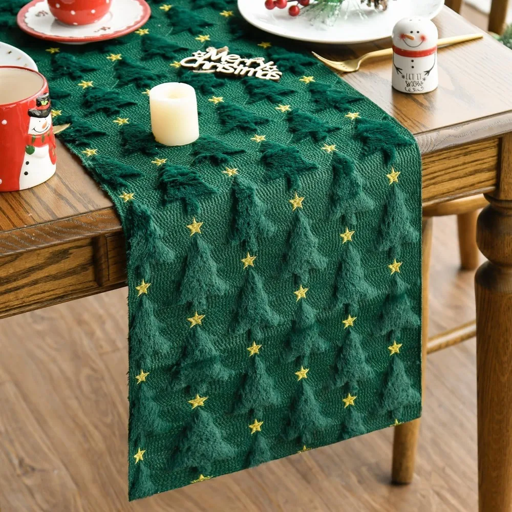 

Plush Embroidered Christmas Tree Table Runner Embossed Design Long Christmas Table Cover Rectangular Dining Tablecloth New Year