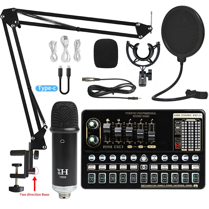 Studio Recording Equipment Condenser Mic Microphone Shock Mount Arm Scissor Stand Filter Live broadcast sound card