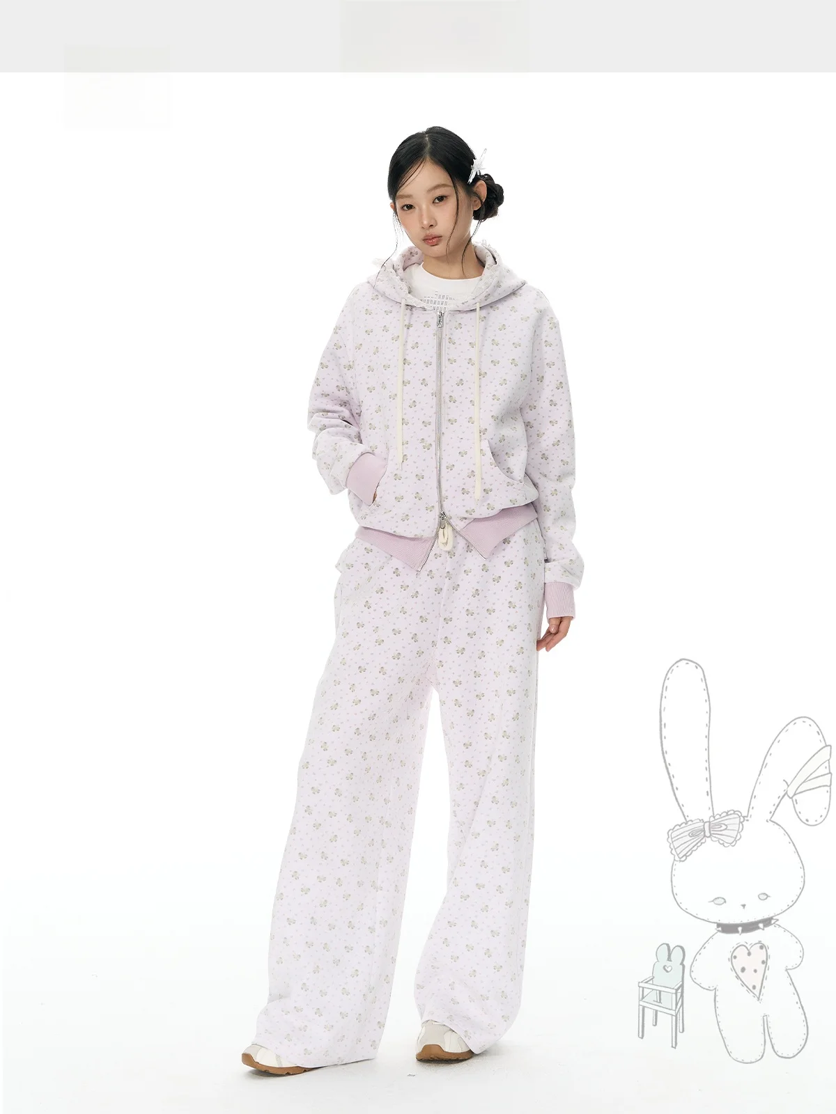 Original YUPH  Print Floral Purple Lazy Style Zipper Hoodie Jacket Women's Sweet Style Versatile Cotton Polyester Blend