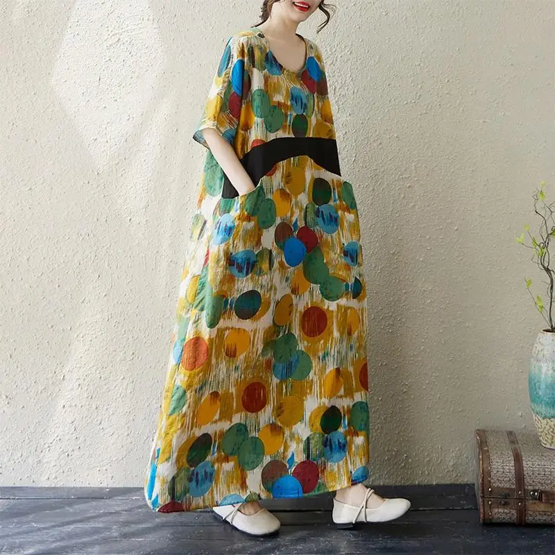 Sukienki midi maxi z krótkim rękawem, plus size, bawełniane, w stylu vintage, w kwiaty i kropki, z kieszeniami, damskie, codzienne, luźne, długie, letnie, szerokie, boho.