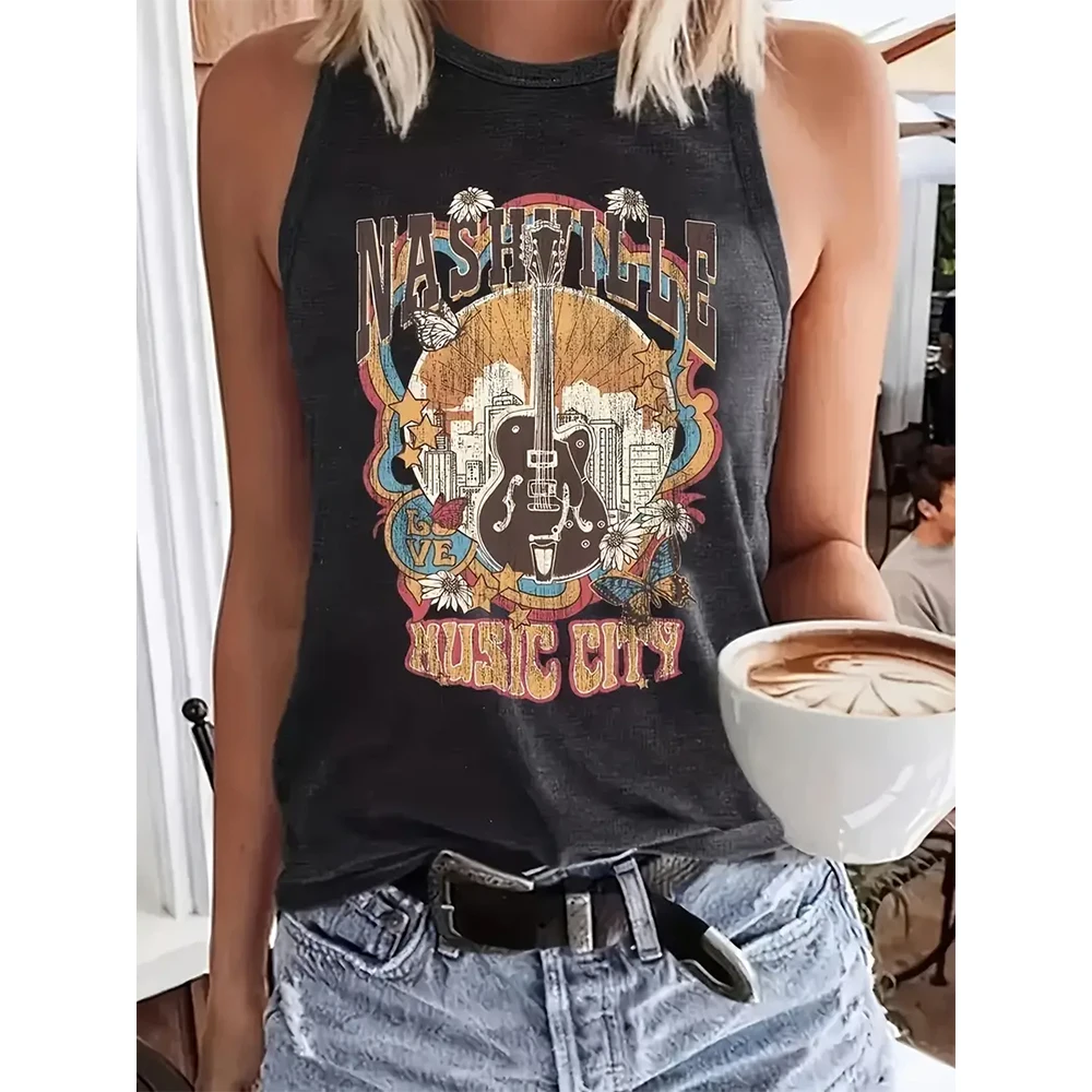 Women's Fashion Retro Sleeveless Vest Cartoon Music Guitar Print Fashion Black Round Neck Sleeveless T-Shirt Spring and Summer