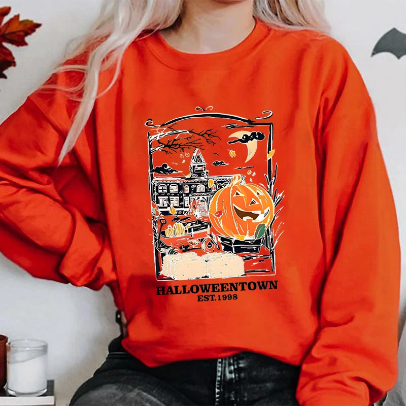 Moda Halloween Pumpkin Print Pullover For Women Autumn Winter Casual O Neck Hoodless Sweatshirt Plus Size Pure Color Pullover