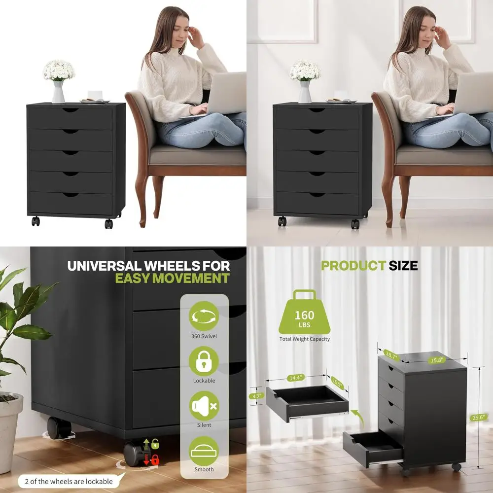 

Black 5-Drawer Mobile File Cabinet for Home Office Storage with Wheels