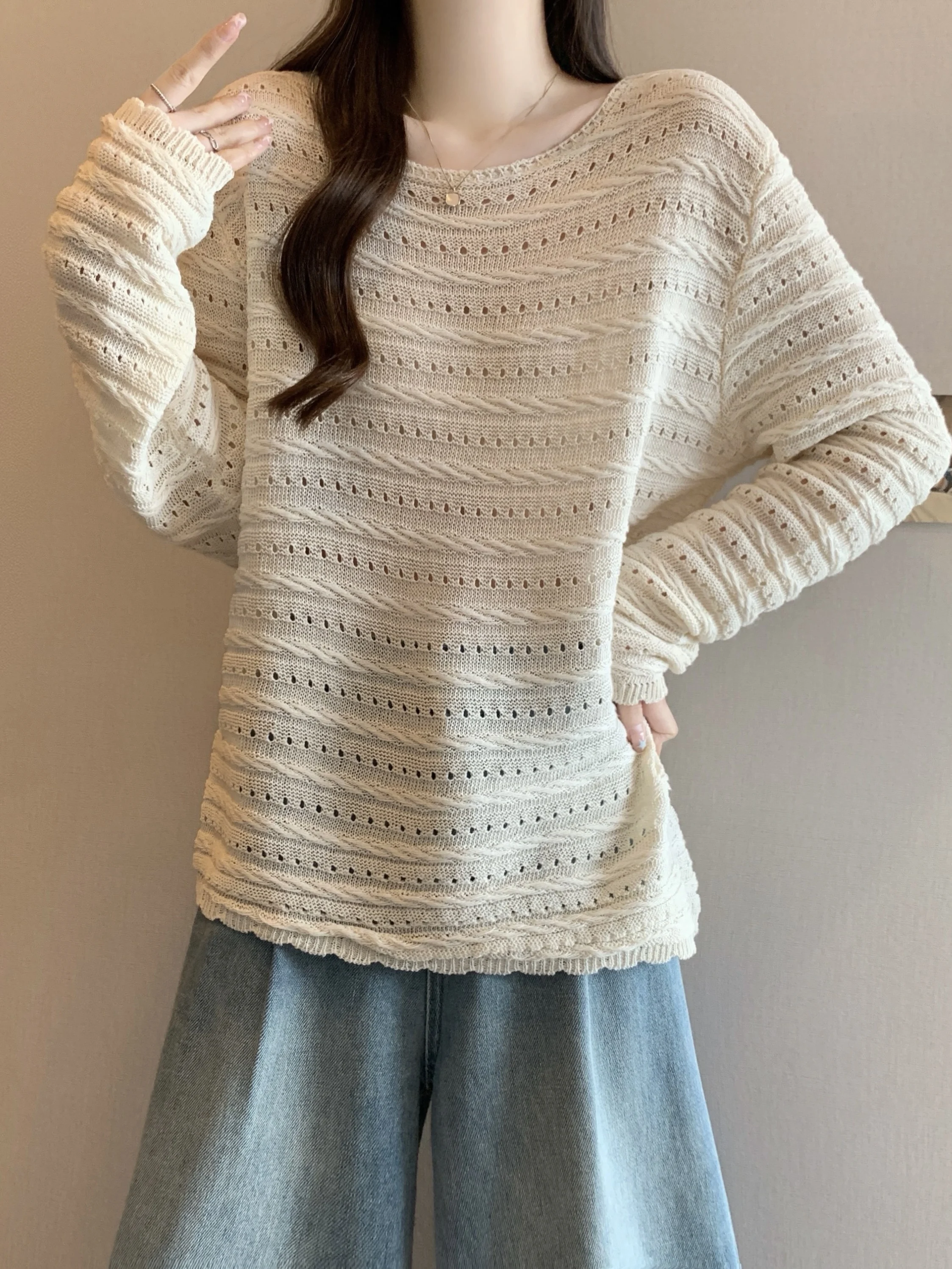 

plus Size Lazy Sle Hollow out Knitwear Women's Base Layer Top Loose Fit Autumn Casual Faion plus Size MM Comfortable Knit...