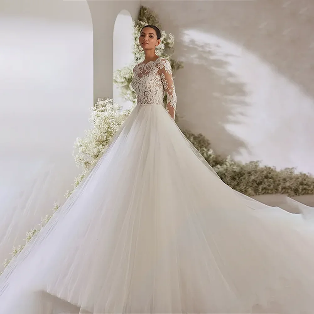 فستان زفاف فستان عروس على شكل حرف a من التل مزين بأكمام طويلة ورقبة دائرية بدون ظهر فستان عروس فستان زفاف رسمي لحفلات الزفاف #1