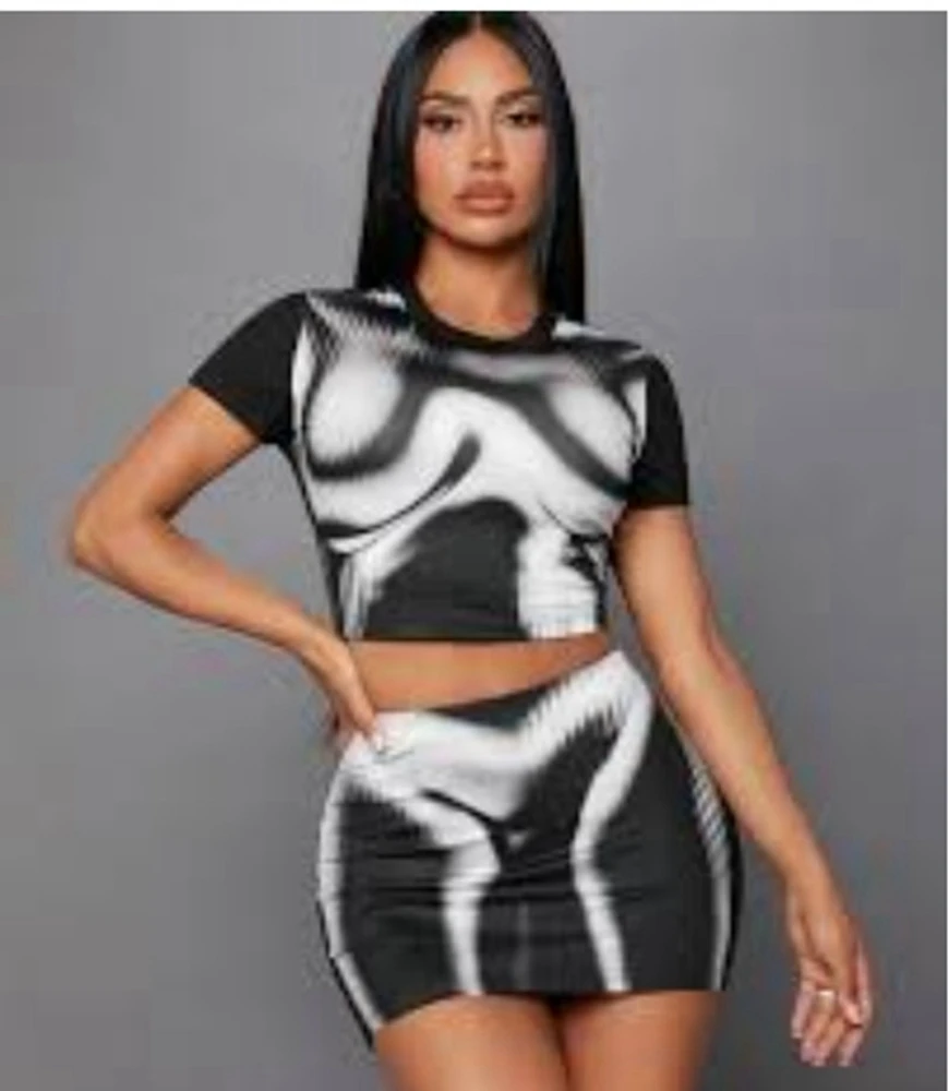 STYLISH LADY Tie Dye Stampato Street 2 pezzi Abiti da donna Top corto a maniche corte e minigonna Set 2025 Abiti da festa sexy per club