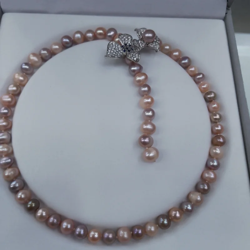 Natural Freshwater Pearl Necklace for Women 8-9mm Mixed Color Matching Near Round Slightly Flawed Versatile Necklace 357