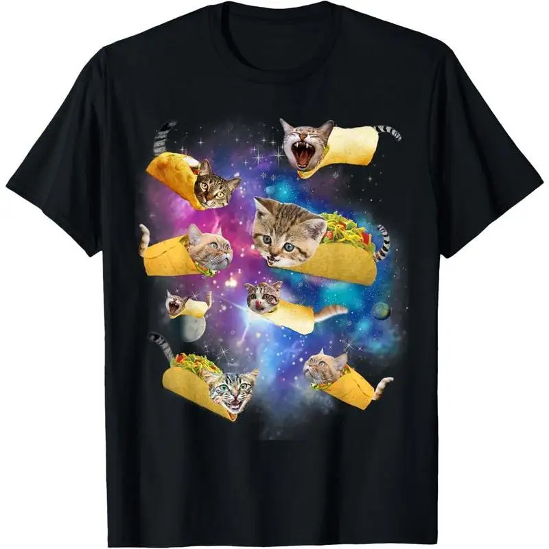 

Funny Space Taco Cat T-shirt for Men Women Cat in a Taco Graphic Tees Humorous Slogan Loose Tops