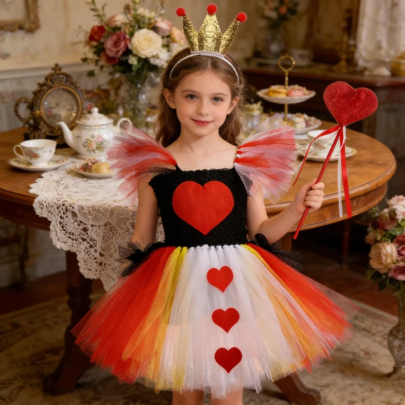 Girls Queen of Hearts Costume Fancy Evil Red Queen Tutu Dress Wonderland Theme Outfit Kids Halloween Carnival Party Clothes Set